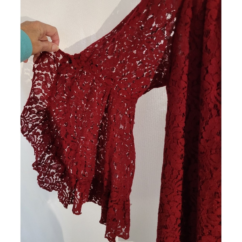 Forgotten Grace Burgundy Lace Off Shoulder Bell‎ Sleeve Top Women's Size L - Picture 6 of 8